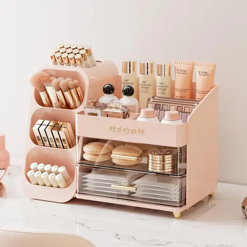 UFORU Eco-Friendly Multi-Compartment Large-Capacity Storage Unit - Beauty Organizer for Makeup Brushes, Lipsticks, Eyebrow Pencils, Jewelry - Makeup Containers for Storage Organization Enthusiasts (Pink, White)