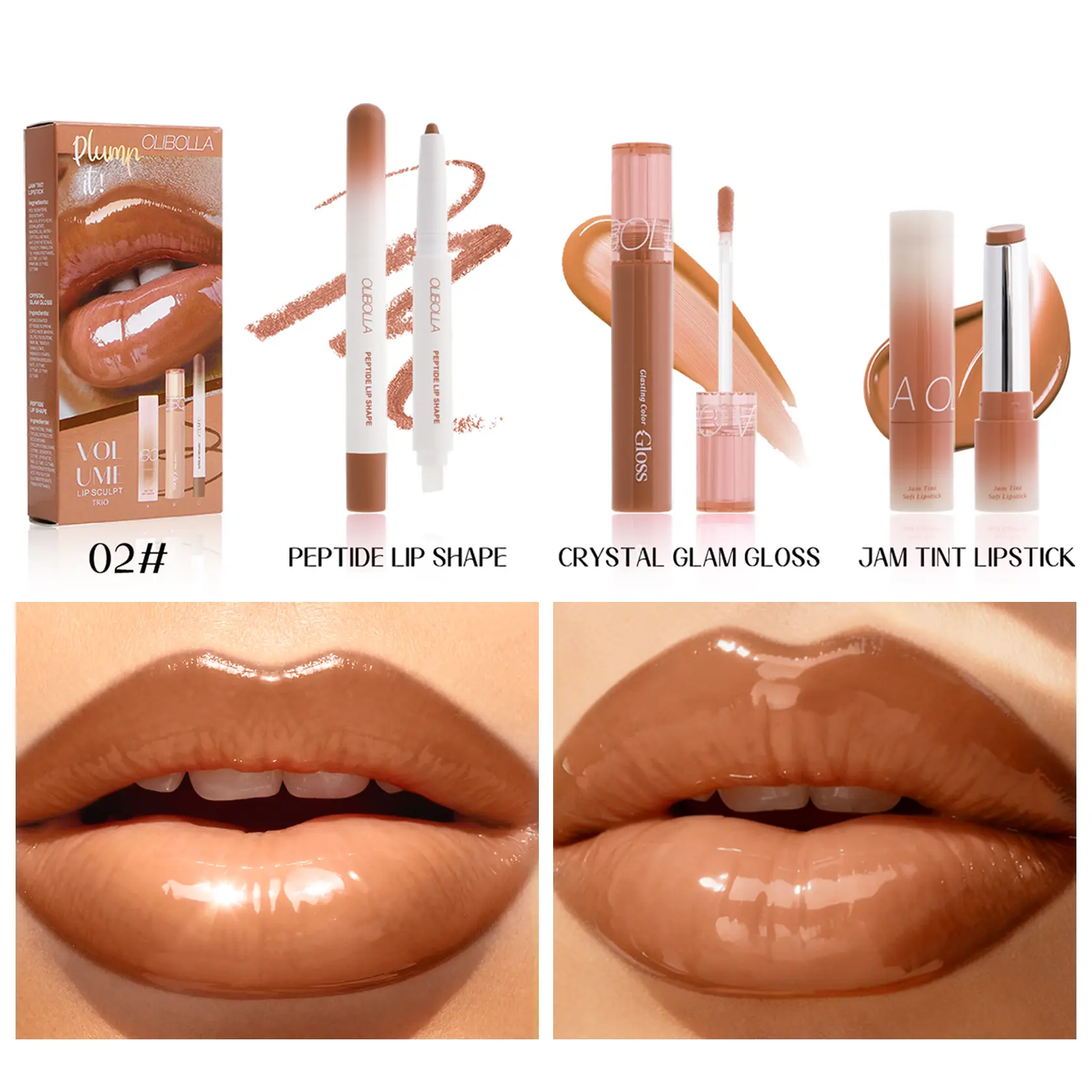 3-in-1 Plumping Lip Kit with High-Shine Mirror Gloss | Hydrating Jam Lipstick & Precise Lip Liner Set, Waterproof Long-Lasting Glass Lip Trio