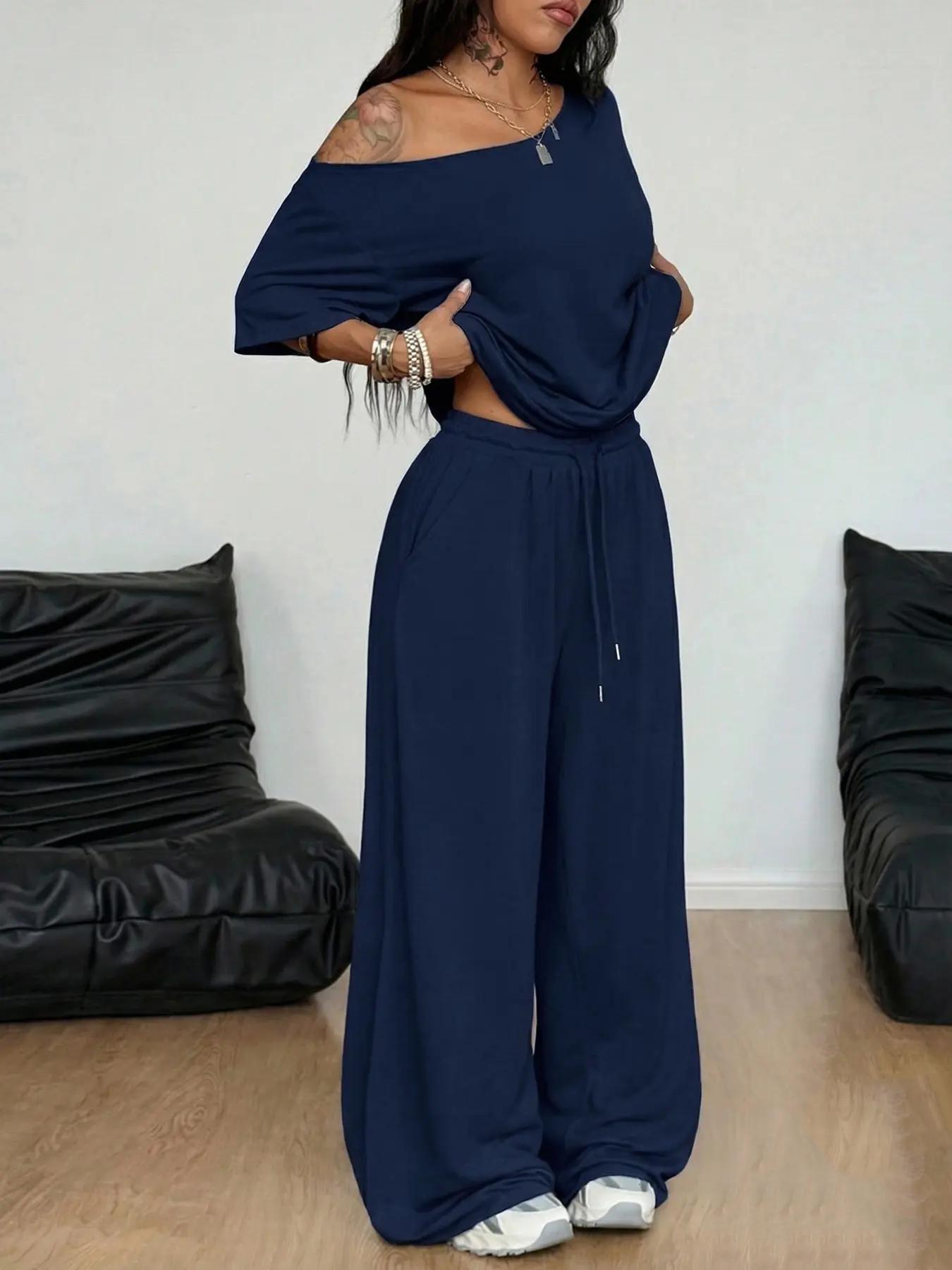 2pcs/Set Women's Minimalist Basic Daily Wear Everyday Going Out Sport Comfortable Off Shoulder T-Shirt And Wide Leg Pants Two Pieces Outfits