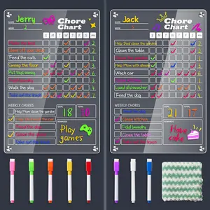 2 pcs Acrylic Magnetic Chore Chart for Kids on Fridge, Chore Board, Dry Erase Chore Chart, 12"x8" Transparent Erasable Reward Chart for Teens and Adults Chore Checklist with 8 Markers and Towel