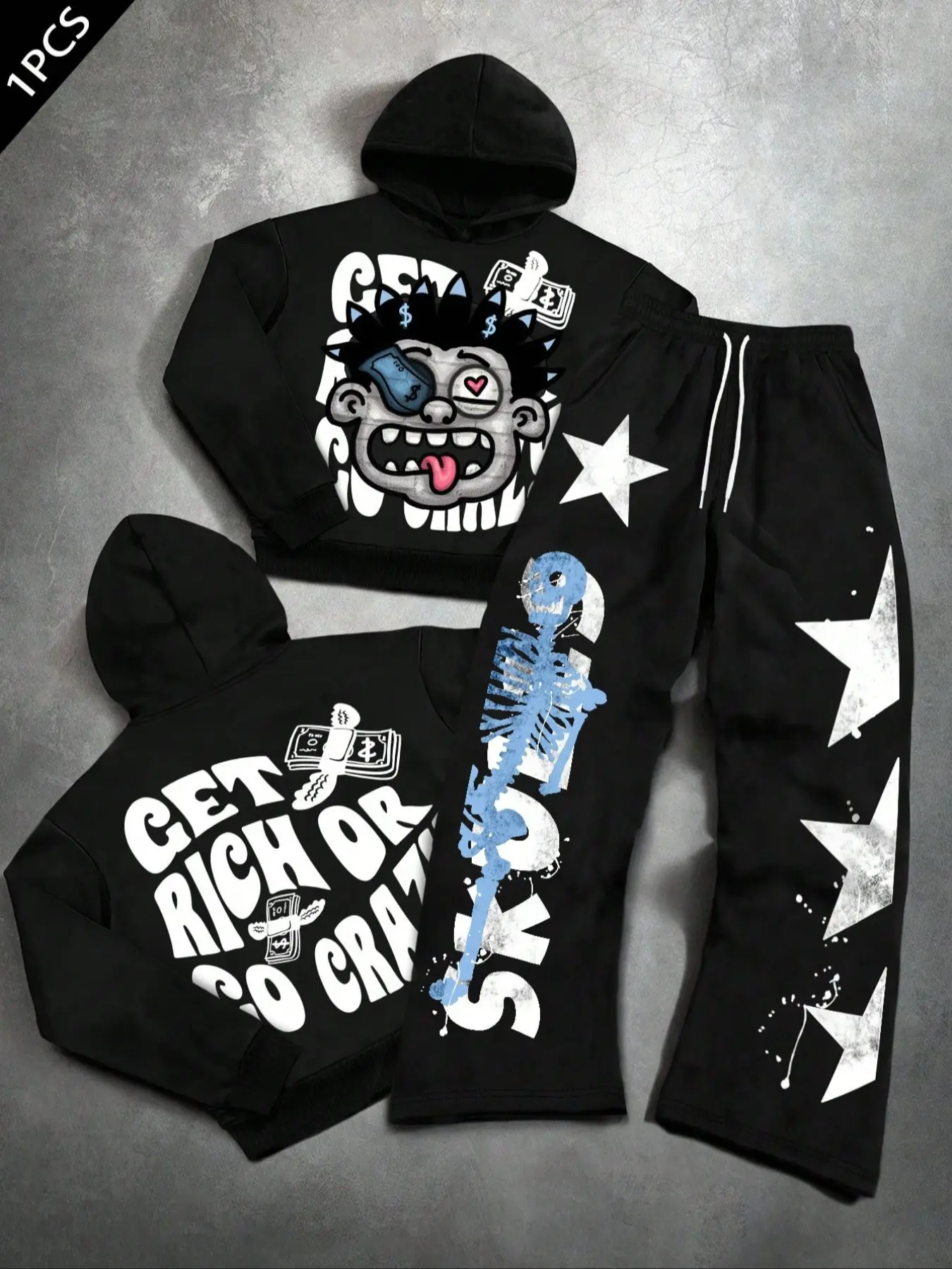 Unisex Street Style Long Hoodie Pants Matching Set, Get Rich or Go Crazy Slogan Print, Casual Fall & Winter, Loose Fit Couple Wear, High Street Fashion, Streetwear, Clothes, Outfits