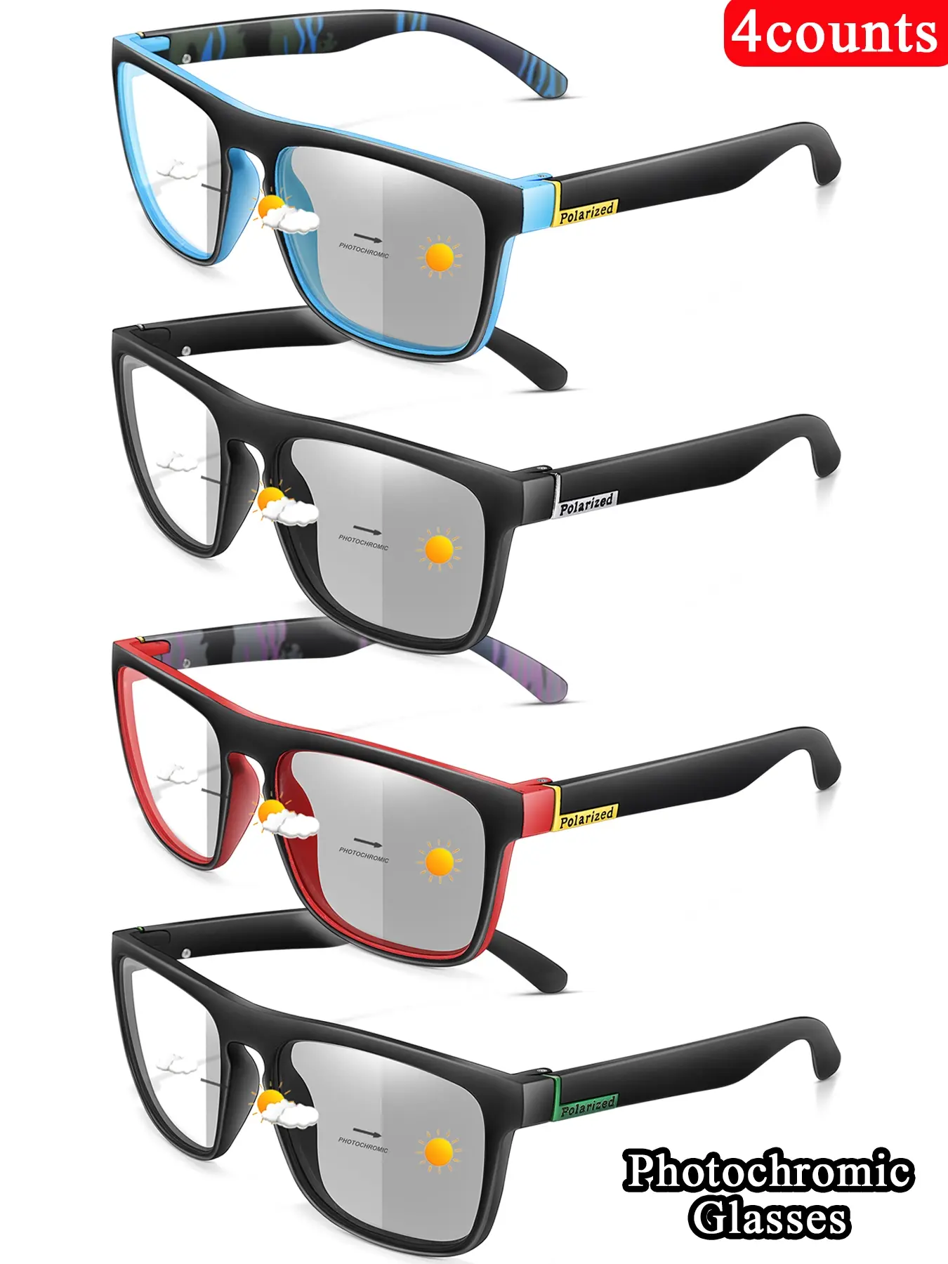 4 Piece Fashion Photochromic Glasses Set, Unisex Trendy Accessories, Music Festival Party Wear, Casual Daily Use, Halloween Gift, Polarized Sunglasses, Summer Trendy Sunglasses, Durable Sunglasses, Photochromic Eyewear