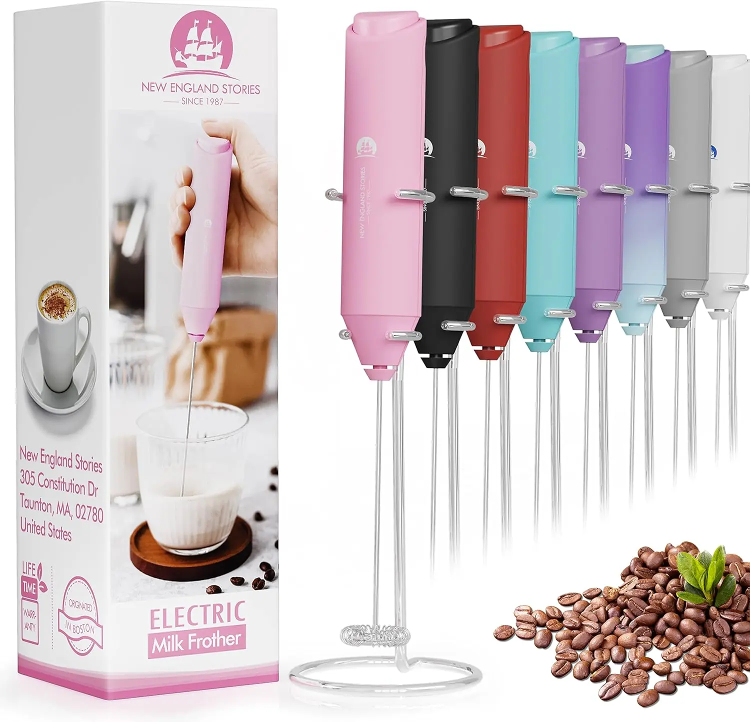 Pink Cordless Battery-Powered Compact Milk Frother Wand - Stainless Steel Handheld Foam Maker with Stand for Coffee, Cappuccino, Back to School Kitchen Coffee-Making Tool