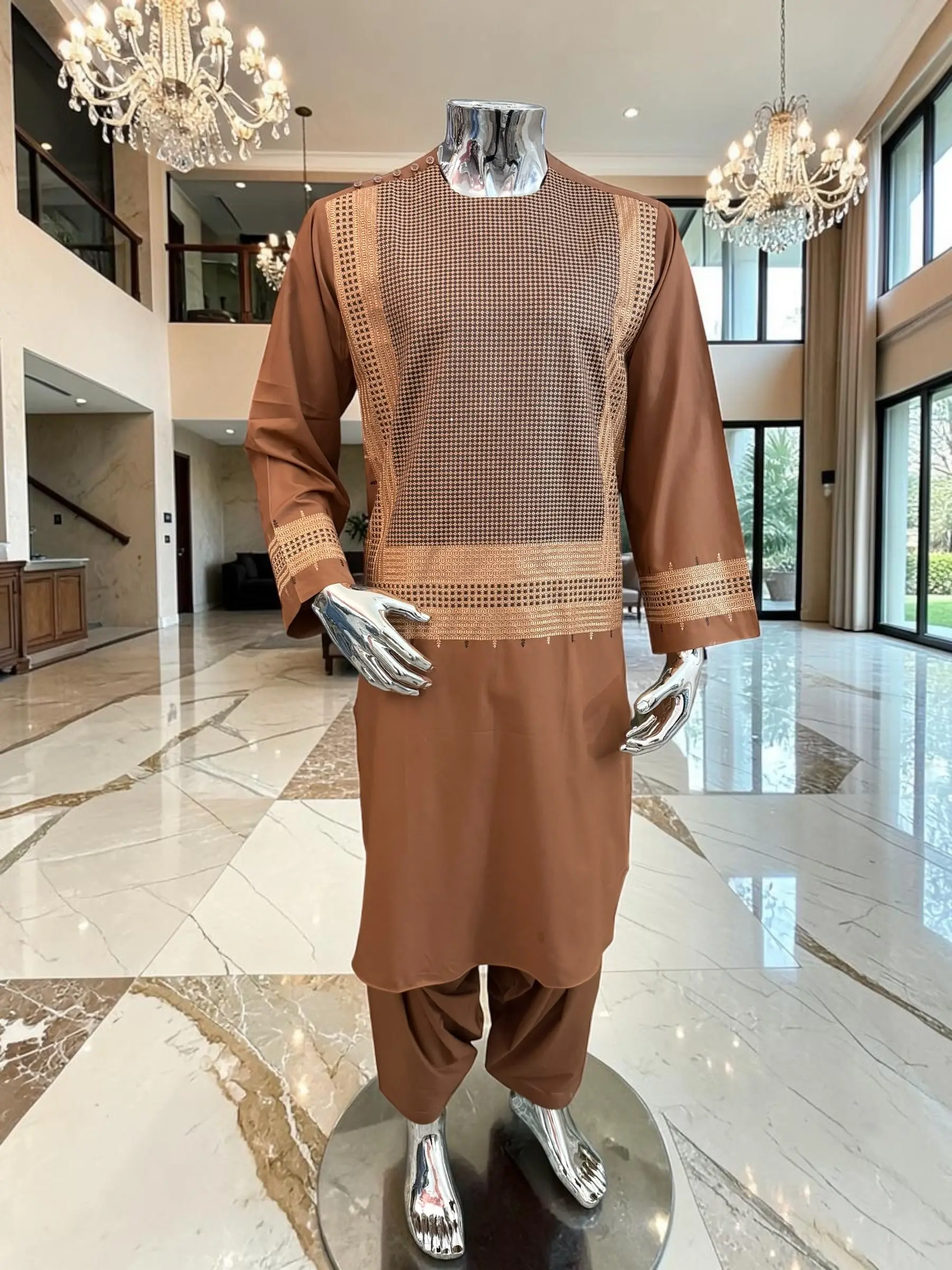 Medium Copper Brown Afghan Shalwar Kameez with Gold Embroidery | Premium Men’s Traditional Wear