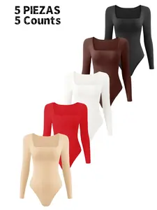 Women's Plain Long Sleeve Fitness Bodysuit, Thong Design, Square Neck Slimming Tummy Control, Compression Fit Shapewear, Ladies Underwear & Shapewear