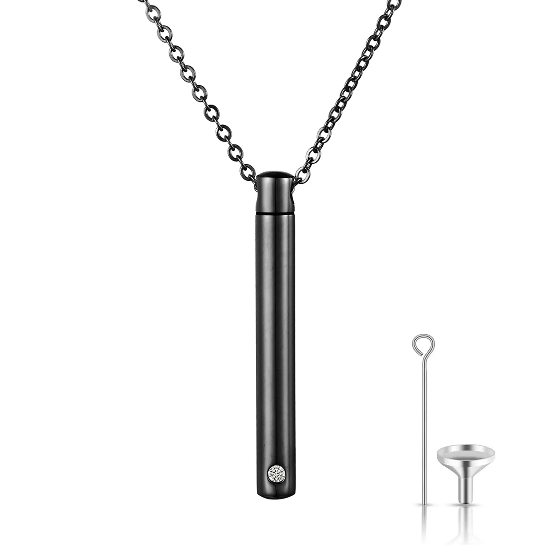 OIDEA Unisex Cremation Urn Necklace, Stainless Steel Bar Pendant with Rhinestones, Secure Opening for Ashes, 4 Finish Options, Meaningful Gifts, Four Finish Options