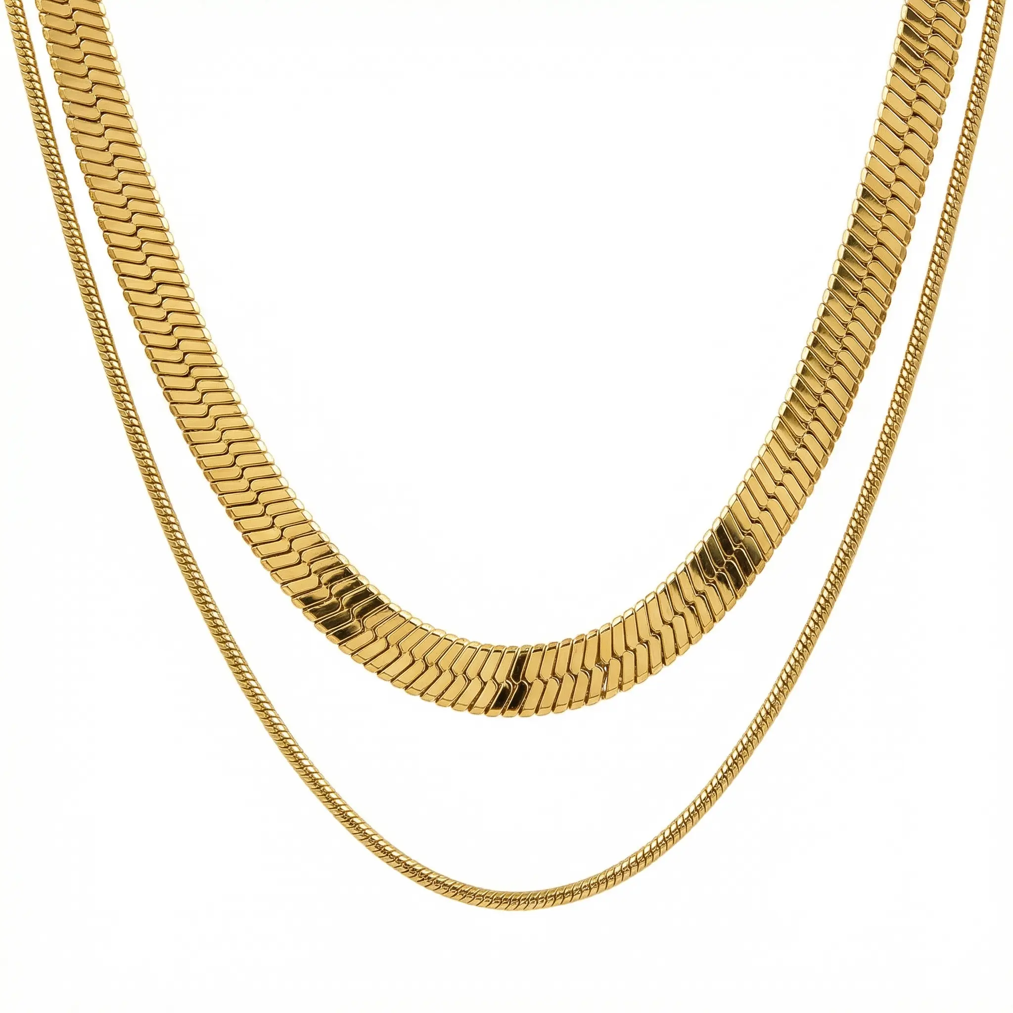 1 Piece Stainless Steel Layered Herringbone & Snake Necklace - Hypoallergenic, Waterproof, Tarnish-Free - Flat Snake Chain, Liquid Chain, Gold Pendant - Casual Daily Adults Accessory, Best Friends Gift, Anniversary
