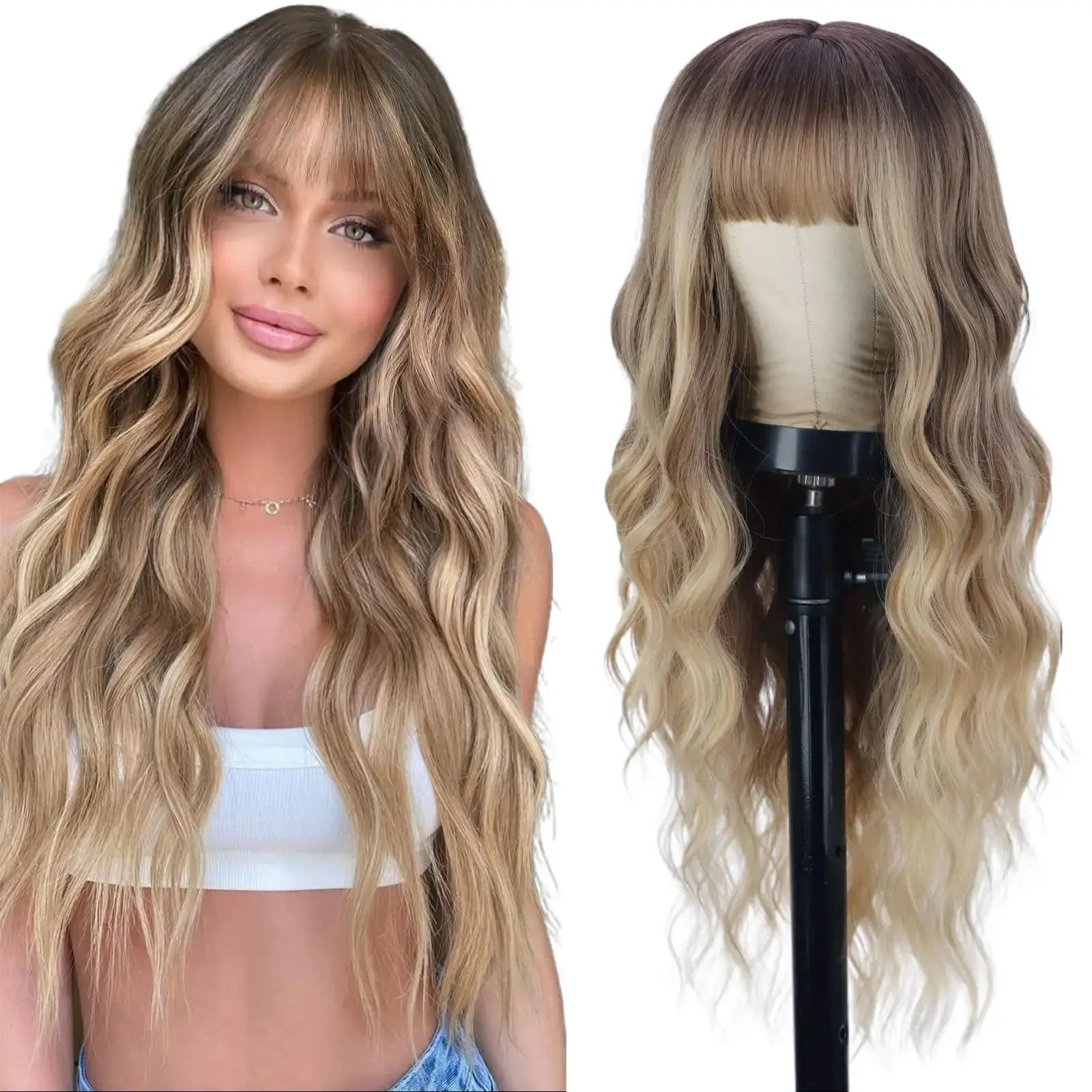 AISI HAIR Natural Looking Highlight Blonde Fluffy Synthetic Wig with Bangs - Long Wavy Mix Blonde Dark Root, Heat-Resistant Full Machine Wig for Women’s Daily & Party Use, Natural Looking Wig