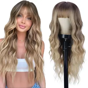 DealsForYouDays AISI HAIR Natural Looking Highlight Blonde Fluffy Synthetic Wig with Bangs - Long Wavy Mix Blonde Dark Root, Heat-Resistant Full Machine Wig for Women’s Daily & Party Use, Natural Looking Wig