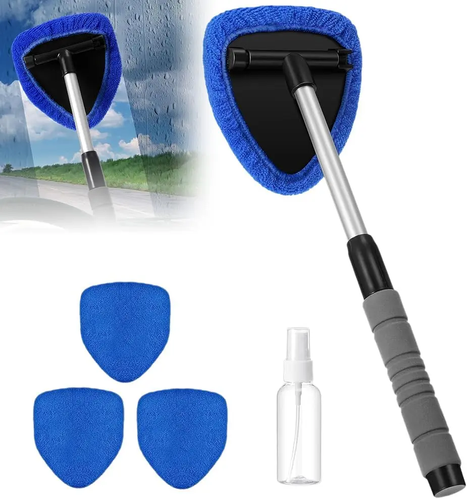Car Windshield Cleaner Tool, Reusable Washable Microfiber Pads and Extendable Handle for Car Window Cleaner Windshield Cleaner Inside Glass Wiper Kit