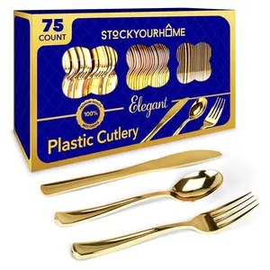 75 Pieces Heavy Duty (Gold) Plastic Silverware Set, Disposable Cutlery Set, Great for Parties, Weddings, and Catering, Flatware Utensils Included: 25 Forks, 25 Spoons, 25 Knives, Stock Your Home