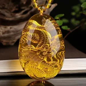Amber Dragon Pendant Necklace for Women, Natural Stone Carved Design, Lunar New Year Gift