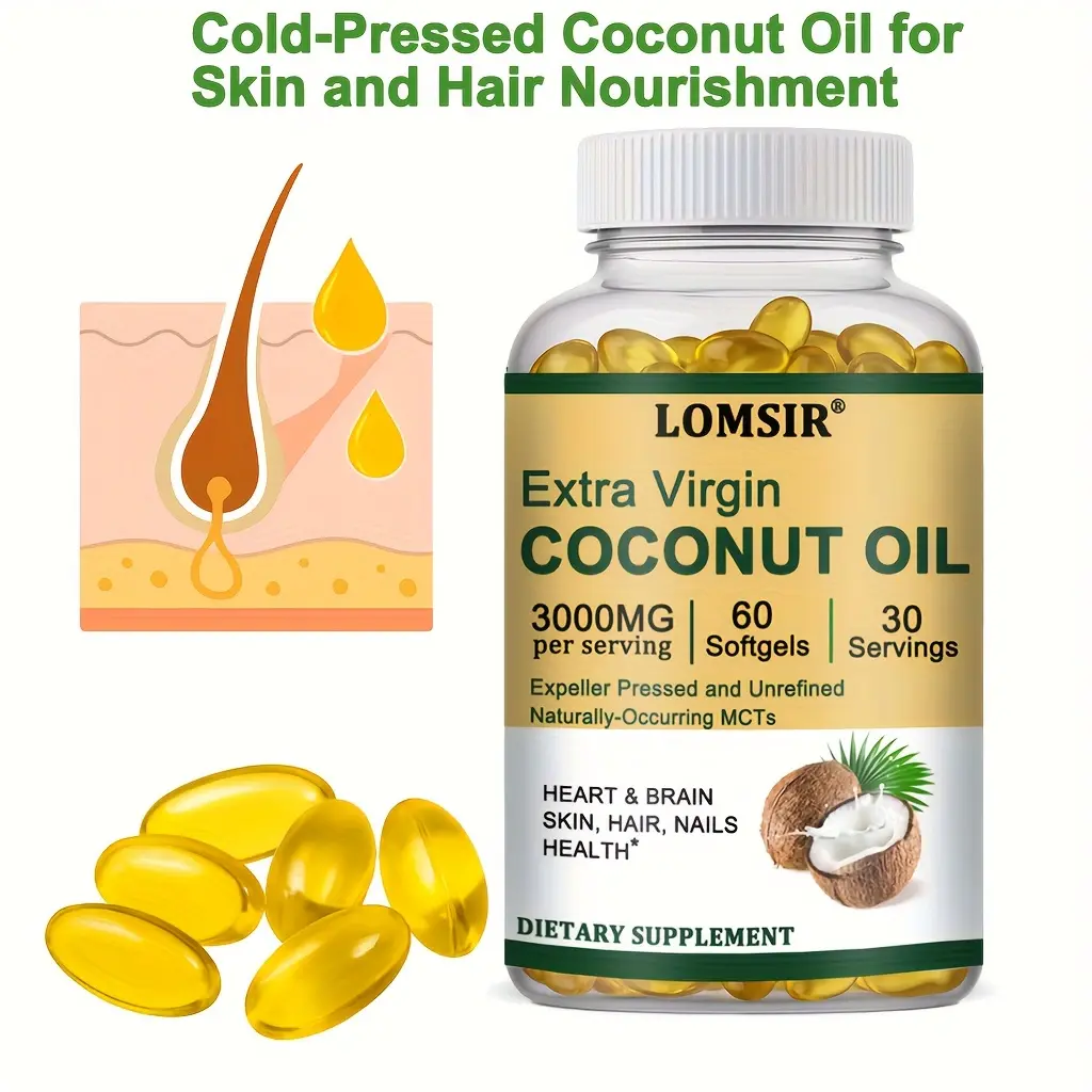 Extra Virgin Coconut Oil - 3000mg - Expeller Pressed Coconut Oil Supplement for Skin, Hair, Nails -  60 Softgels