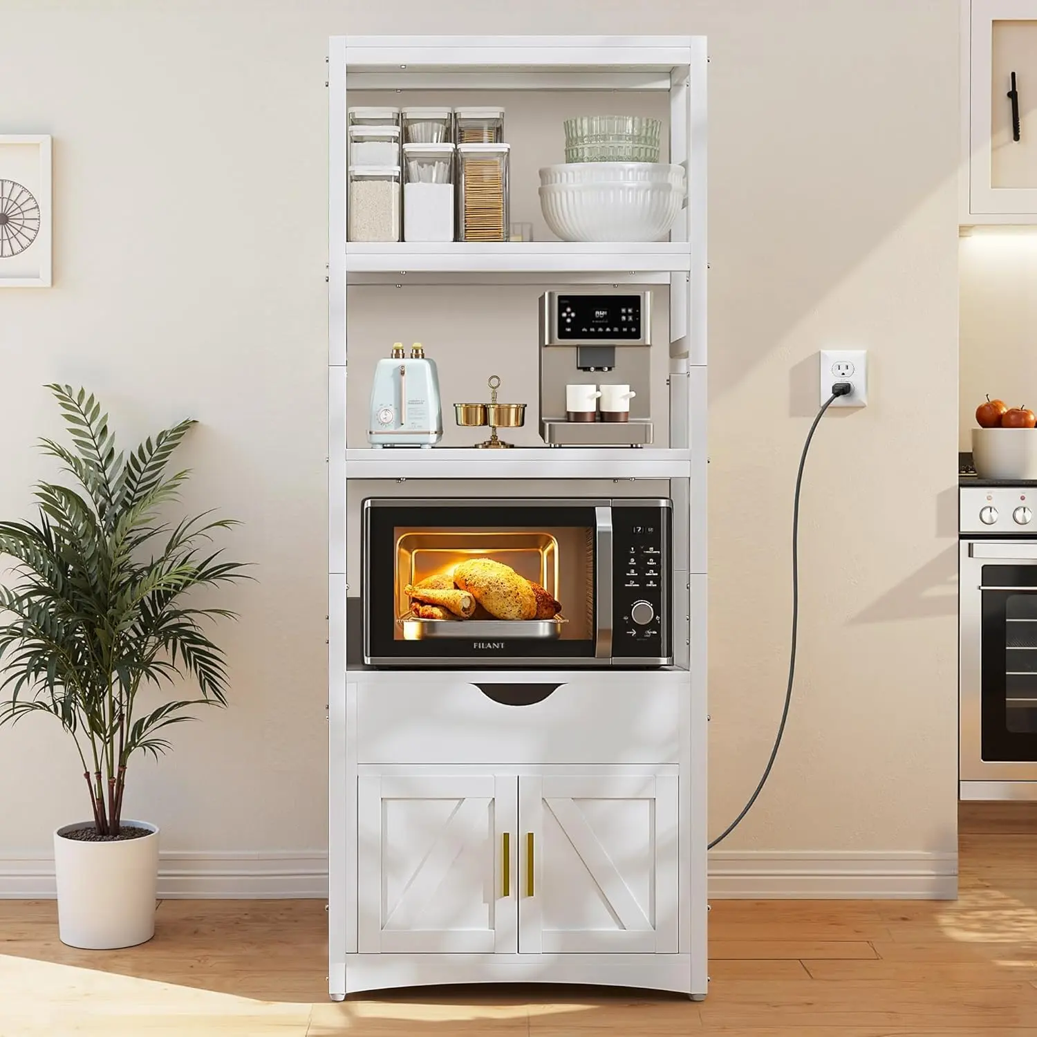 3 Tier Microwave Stand with Charging Station, Farmhouse Kitchen Rack for Oven, Coffee Bar Cabinet with Drawer and Storage Shelves, Freestanding Kitchen Organizer for Small Appliances, Rustic Kitchen Storage Shelf