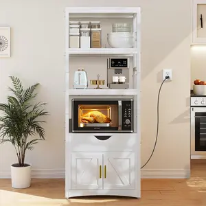 3 Tier Microwave Stand with Charging Station, Farmhouse Kitchen Rack for Oven, Coffee Bar Cabinet with Drawer and Storage Shelves, Freestanding Kitchen Organizer for Small Appliances, Rustic Kitchen Storage Shelf
