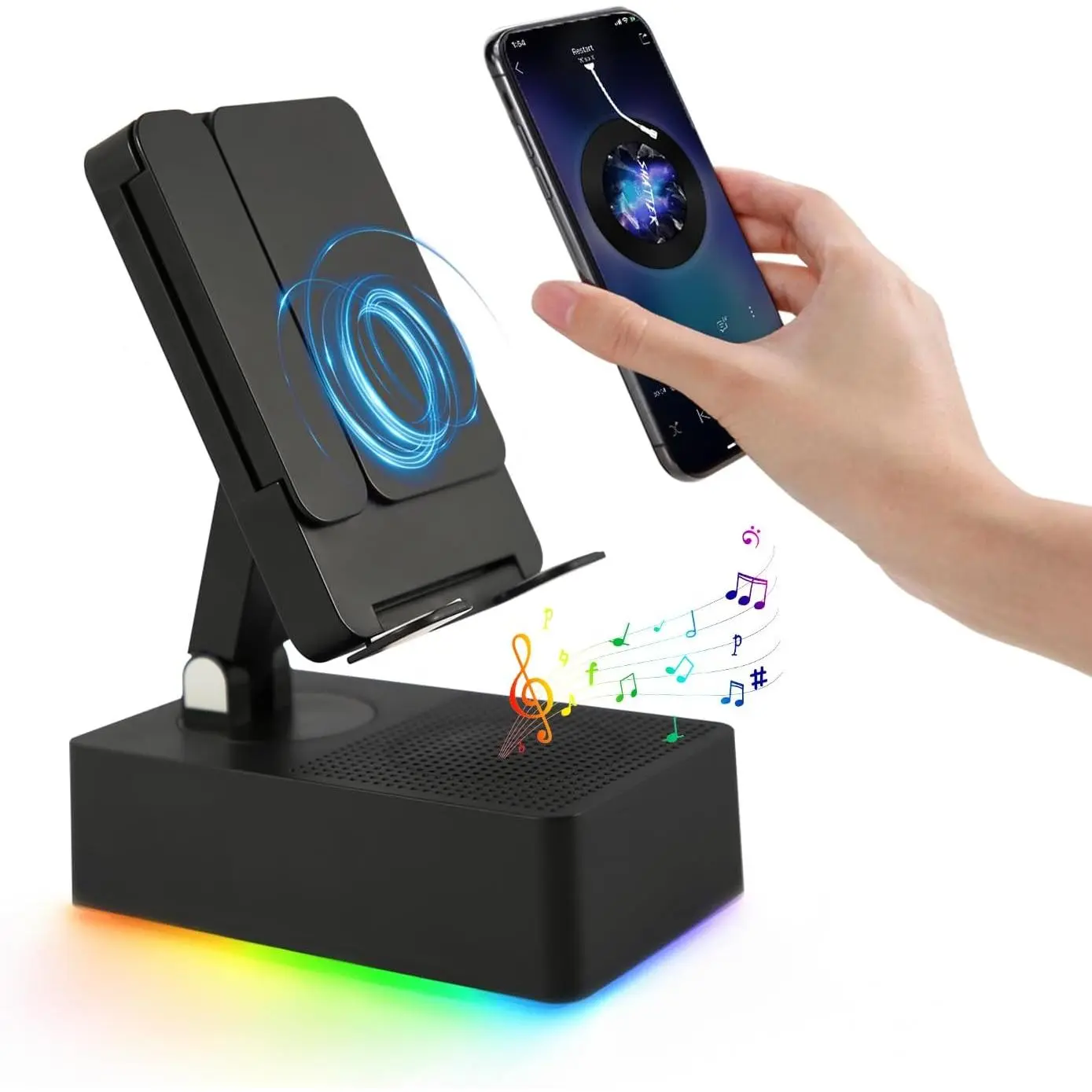 Induction  Speaker, 5-in-1 Foldable Phone Holder, 1500mAh  , Colorful LED Ambient Light, Tech Gadgets Gifts for Men Women, for  Android Tablet, Black