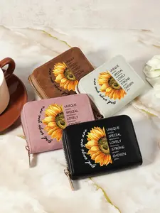 Fashionable Letter & Sunflower Pattern Short Wallet, Casual Versatile Zipper Card Slots Credit Card Organizer Holder, Simple All-match Purse for Women for Daily Life, Card Id Slots