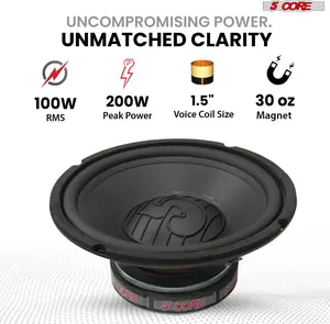 5 CORE 8 Inch Car Woofer Audio Pair 400W Combined 4Ohm Deep Bass Replacement Subwoofer 55-5kHZ Frequency Polypropylene Cone 86dB Sensitivity Component Loud Speaker System - WF 8 120 PP 4OHM 2PCS