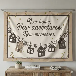 1pc Housewarming Party Banner - "New Home, New Adventures, New Memories" Backdrop Decor with Golden Glitter & Cartoon Houses Design,  | Rustic Banner | Polyester Banner, House Decorations for Home