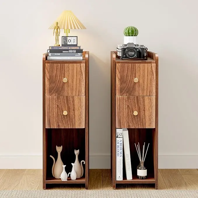 FurSch Mid-Century Modern Nightstand with 2 Drawers, Narrow Vintage Wooden End Table with Open Storage, Wooden Bedside Table Compact Organizer for Bedroom or Living Room