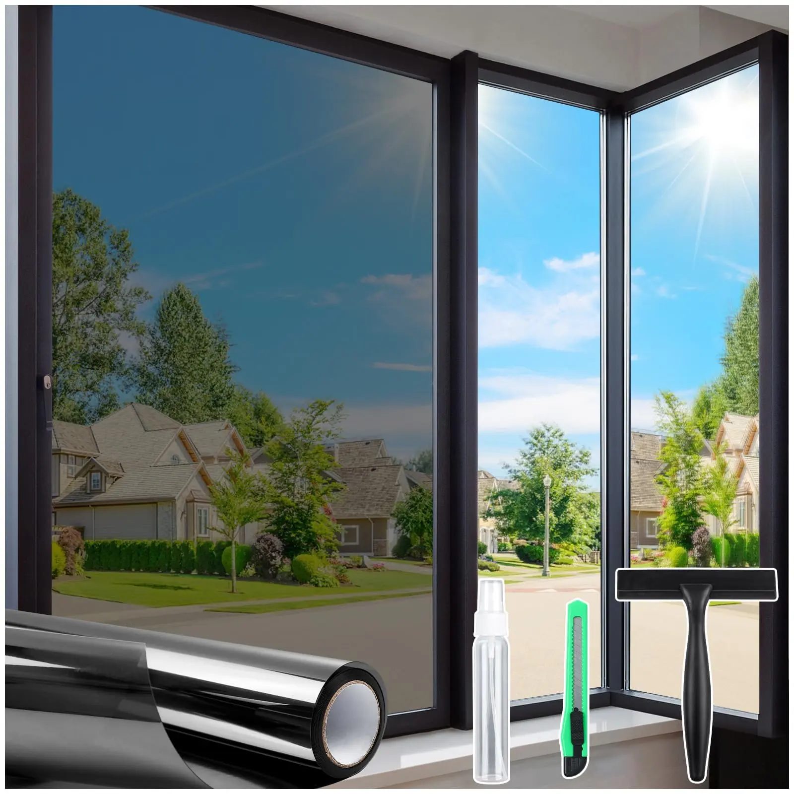 Black-Silver Static Cling No-Glue Window Tint (17.5in x 78.7in) with Installation Tool, Removable 1-Way Privacy Film for Home, Heat Control, Sun Blocking, Anti-UV, See-Out-Not-In, Removable Window Tint