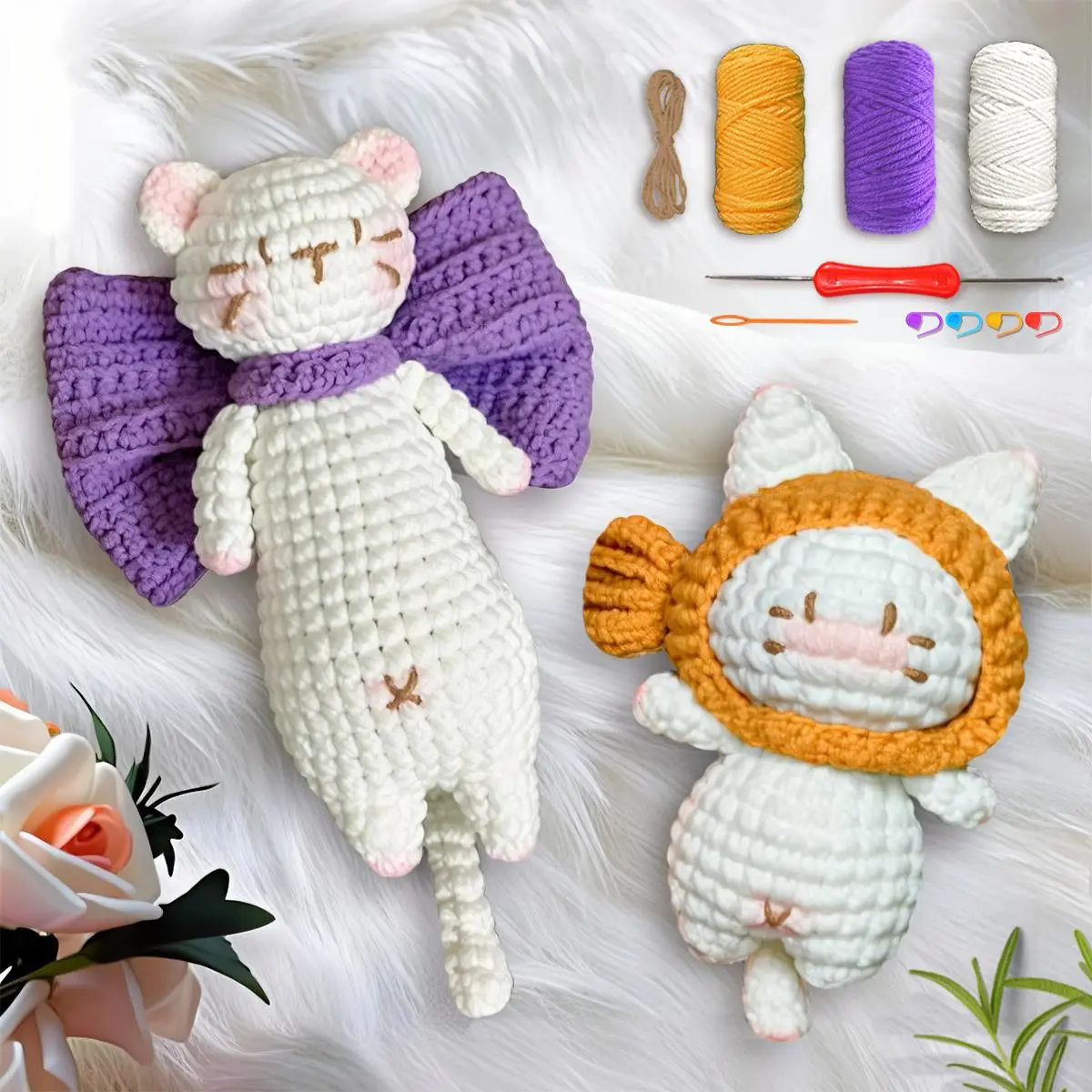 2pcs Charming Cats Crochet Kit, Complete Craft Set with Crochet Hook, Instruction Manual and Detailed Video Tutorial for Beginners