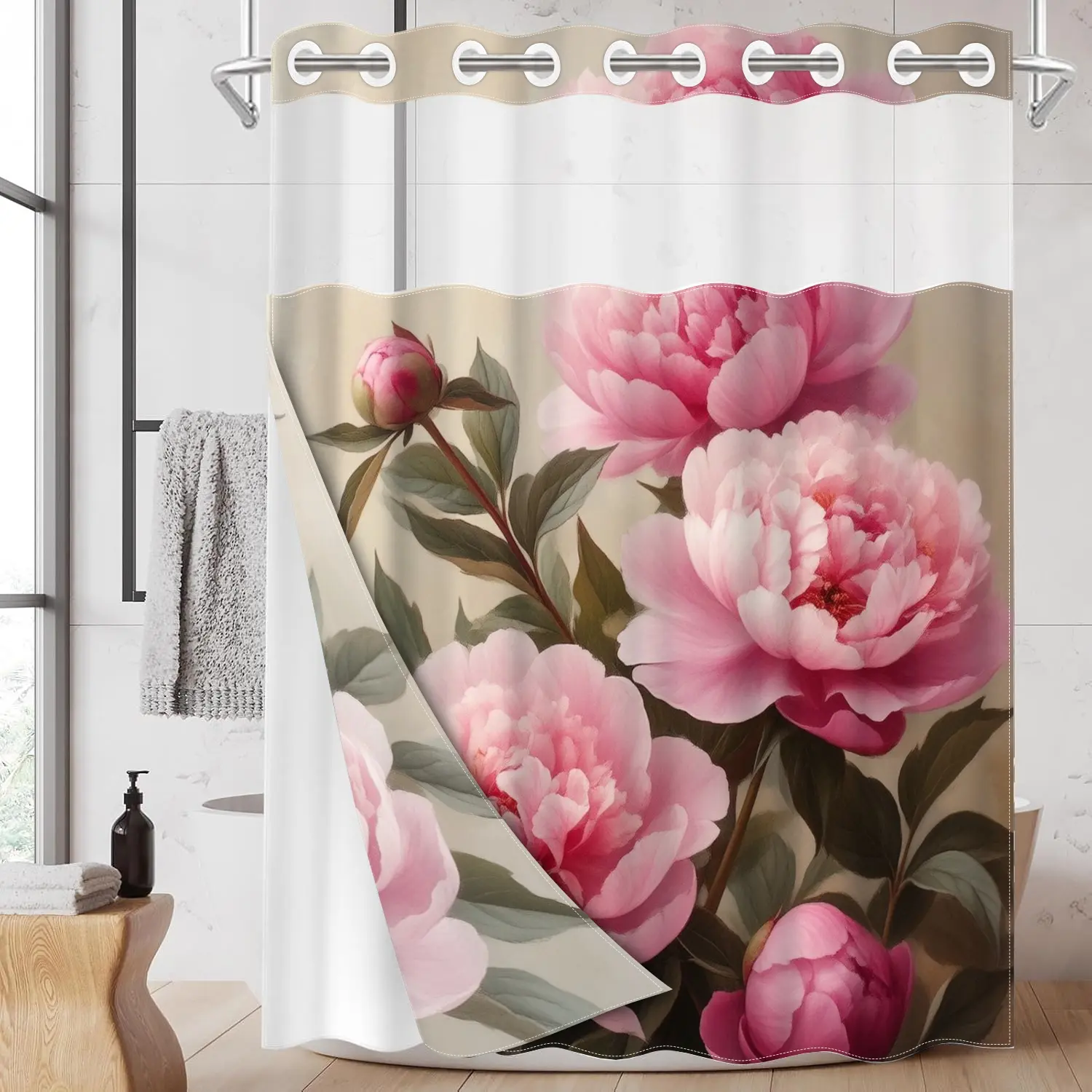 1pc 2D Flat Printing hookless shower curtain hanger liner Pink Peony Oil Painting Fabric waterproof lining Floral Shower Curtain with transparent window, double-layer shower curtain, Decorative Shower Curtain, 71 x 74 inches