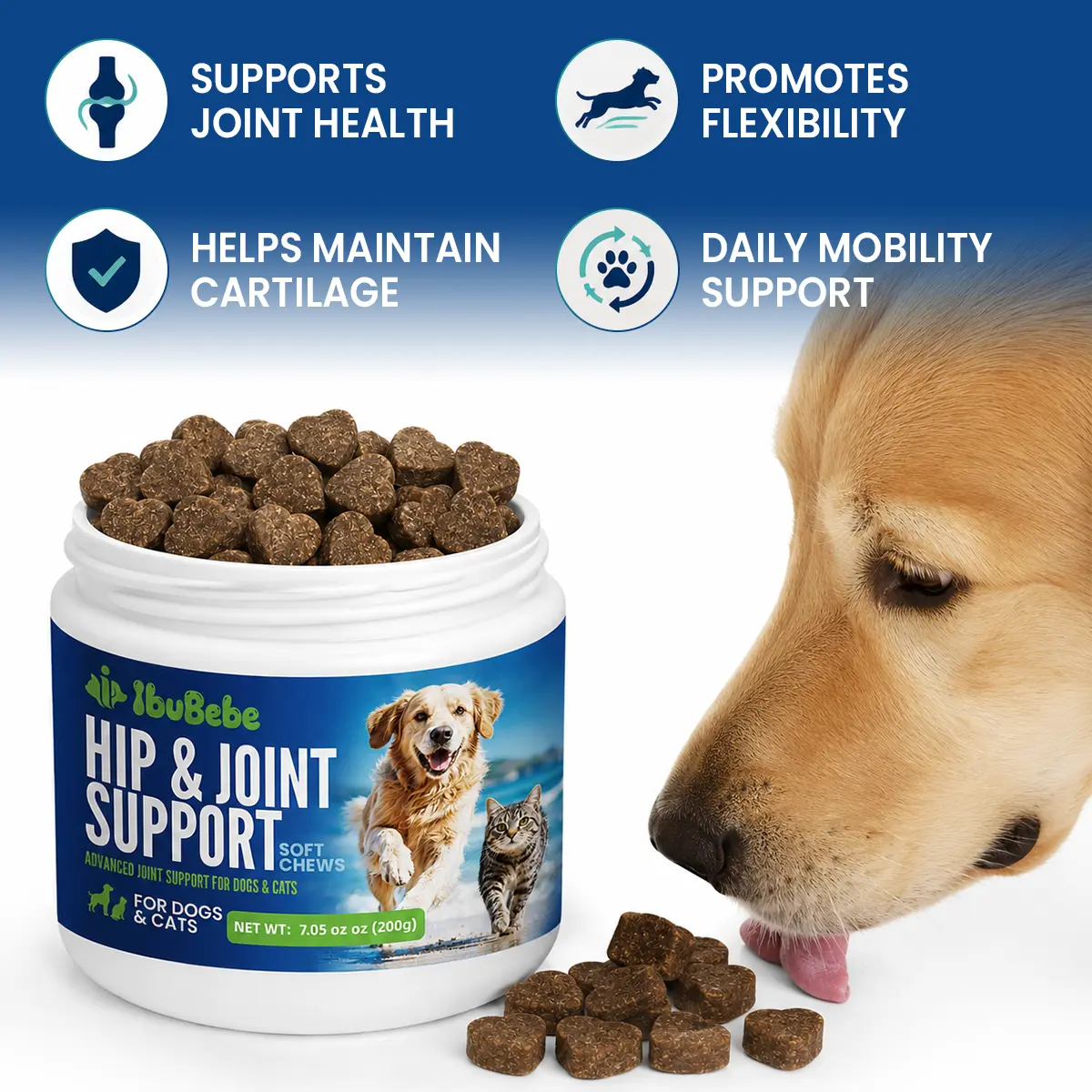 Dog & Cat Hip & Joint Support Supplement, Mobility Aid with Glucosamine, Chondroitin, UC-II Collagen, Green-Lipped Mussel for Daily Feed, 100 Soft Chews for Seniors dogsupplement Health