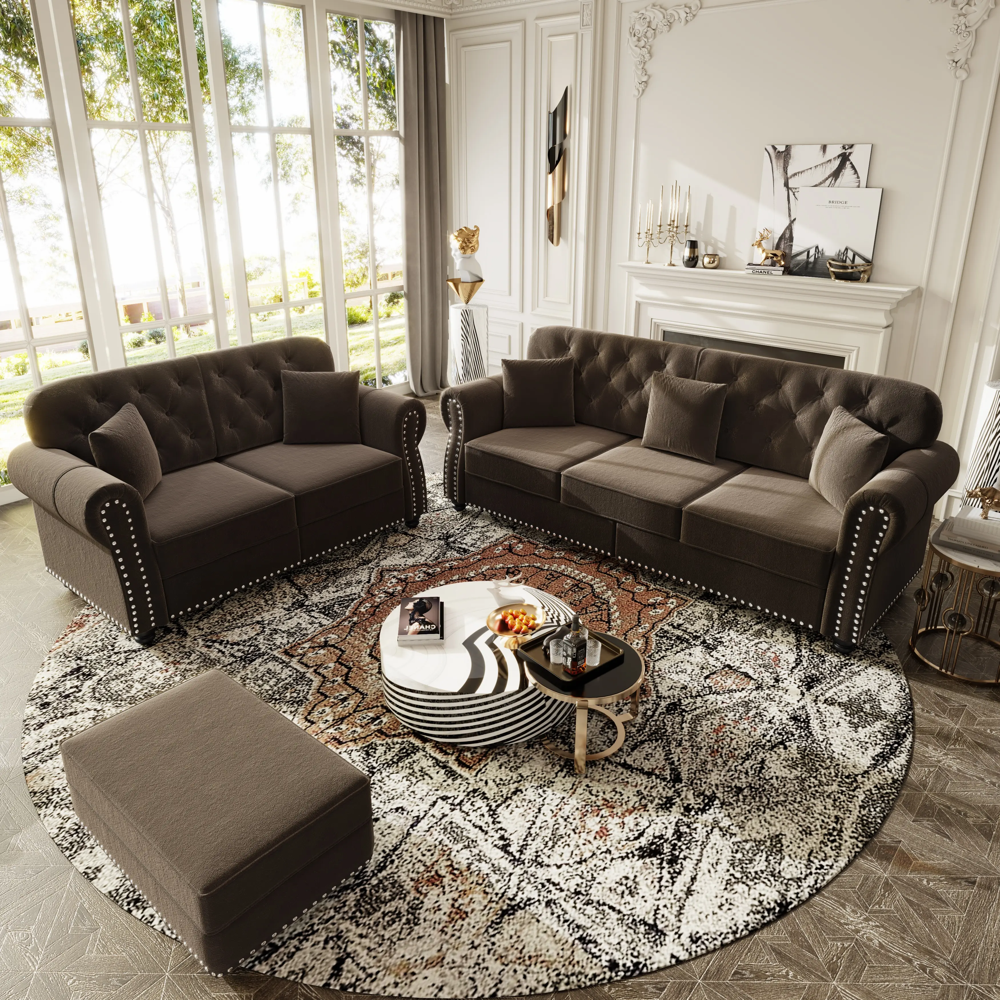 Mid‑Century Modern Chesterfield Velvet Sofa Set, Button‑Tufted Couch with Nailhead Trim & Rolled Armrests, 3‑Seater Sofa, Loveseat & Matching Ottoman, Classic Furniture Set for Living Room