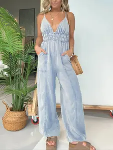 Women's Plain Backless Denim Cami Jumpsuit, Casual Pocket Wide Leg Jumpsuit for Daily Wear, Ladies All Seasons Clothes