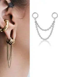vanku 1pcs Double Chain Ear Cuff, Non Piercing Earrings, 316L Stainless Steel Hypoallergenic Dangle, Streetwear & Festival Jewelry,