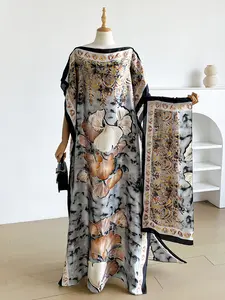 Elegant Ginkgo Leaf Print Robe Set, Long Cape Dress + Headscarf Scarf, Women's Beach Sun Protection, All Seasons Fitted Style