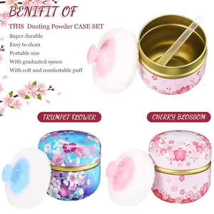 2 pack Portable Empty Body Powder Container Powder Container Floral Pattern with Large Fluffy Plush Puff Spoon, 2 Soft Puffs 2 Spoon and 2 Dusting Loose Powder Container for Home & Travel Use