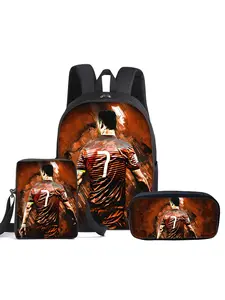 CR7 Football pattern printed 16-inch Casual printed backpack three-piece set (single-layer backpack + small shoulder bag + single-layer pencil bag)