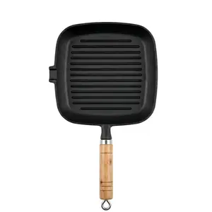 10" Professional Nonstick Cast Iron Square Grill Pan Cookware - Wooden Handle, Pour Spouts, Hanging-Ready, Ideal for Steak Grill Marks & Indoor BBQ, Low-Fat Healthy Cooking