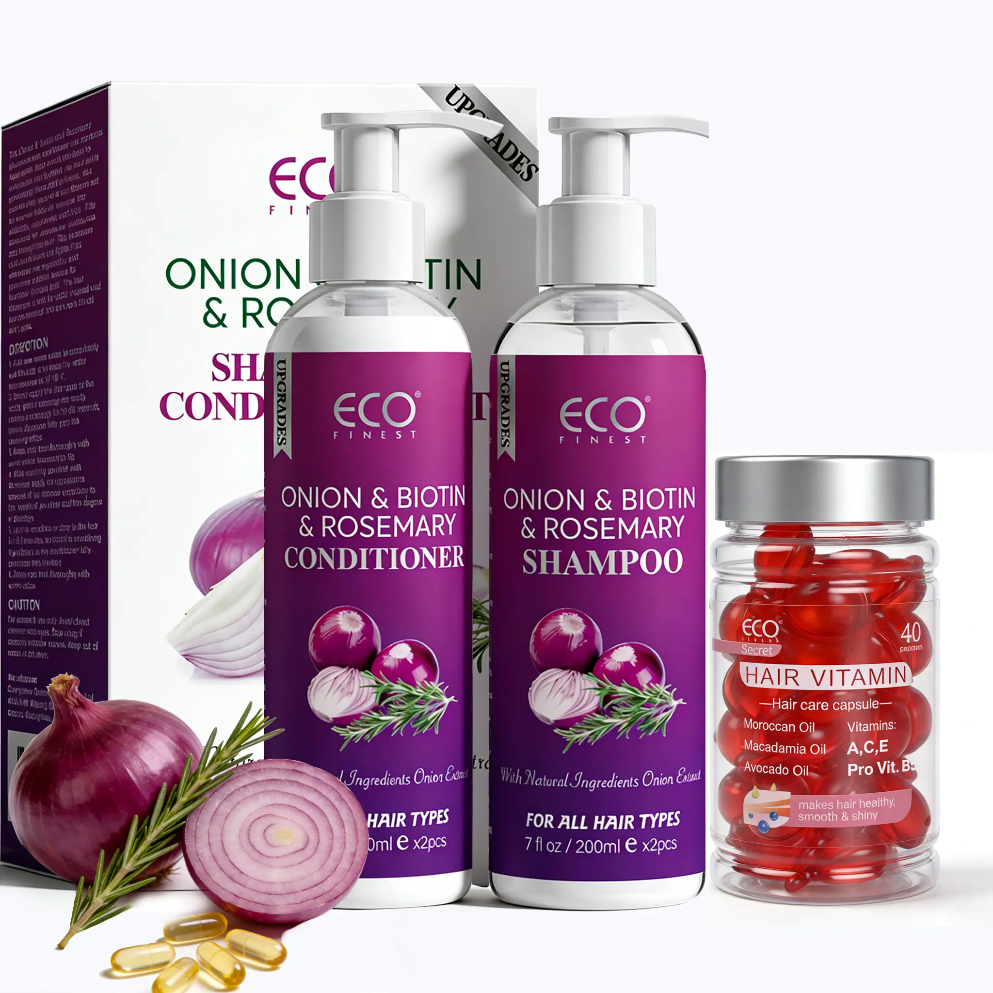 ECO Finest Onion & Biotin Rosemary Hair Care Trio: Shampoo, Conditioner & Hair Vitamin Capsules | Anti Hair Loss, Volumizing & Repair for All Hair Types