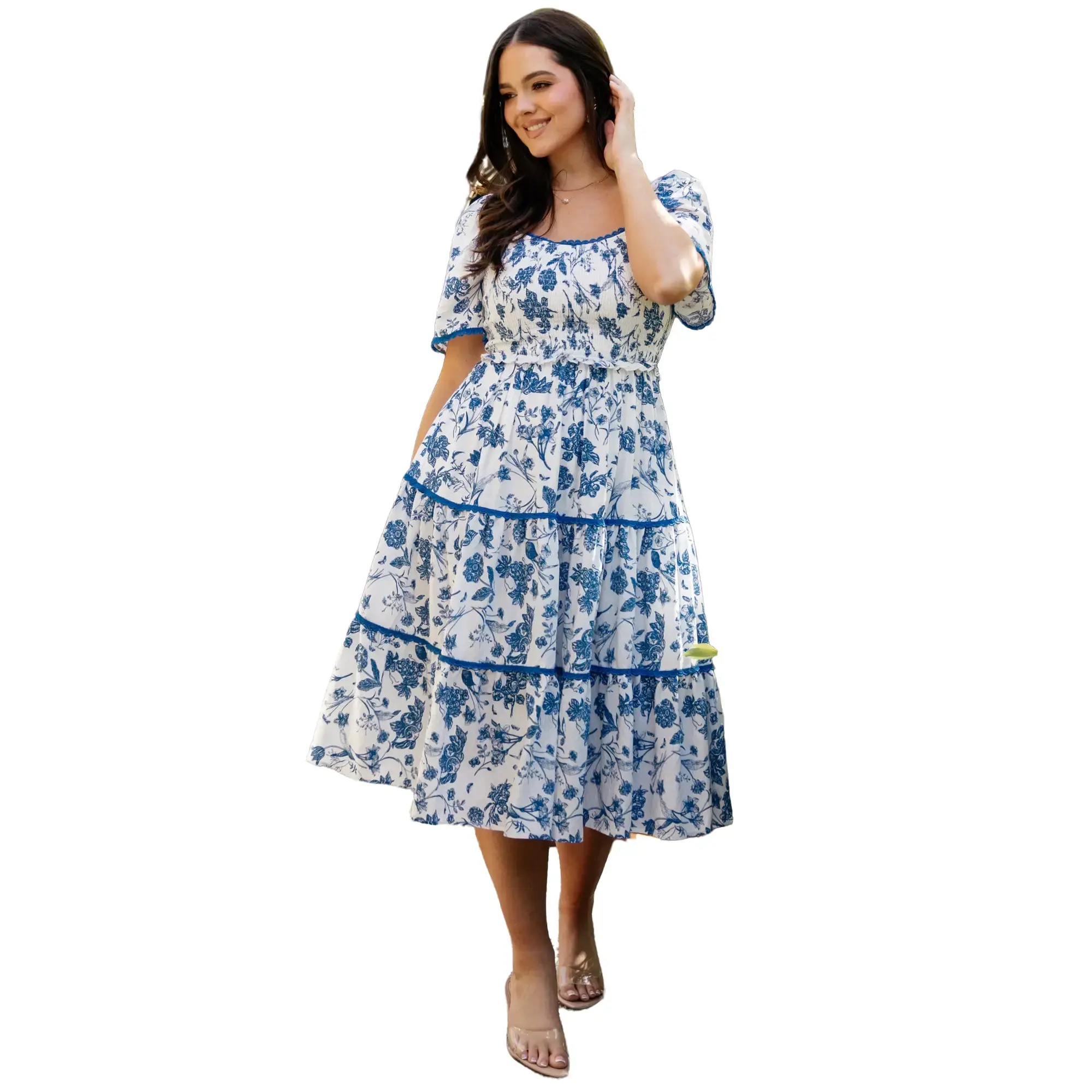 Baltic Born Freya Women's Ditsy Floral Tiered Midi Dress, Rayon Blend with a Smocked Bodice, Puffed Sleeves, and Scoop Neck, Cute, Nylon, Casual, Everyday