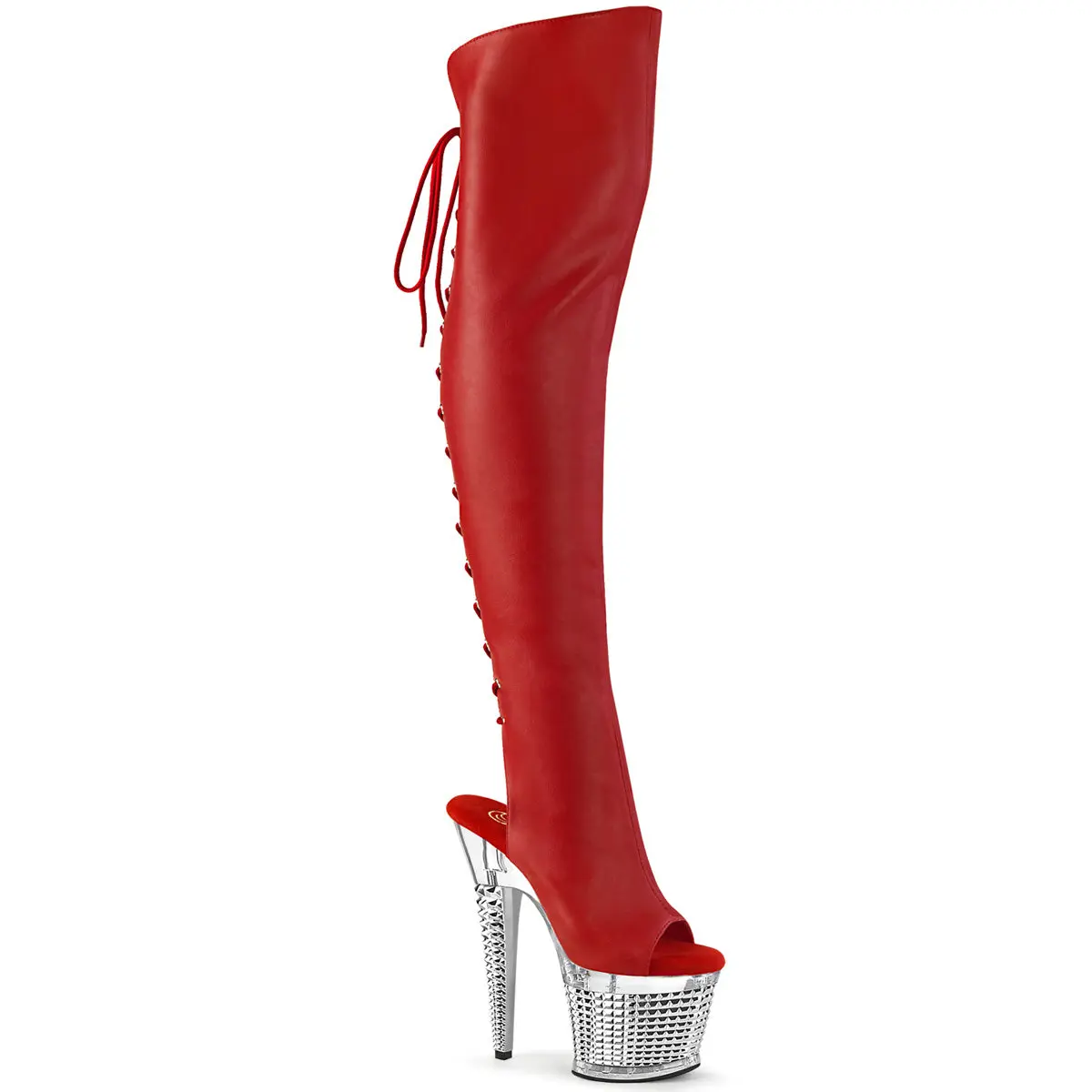 Women's Glamorous 7 in Stiletto Thigh-High Boots - Red PU & Silver Chrome Synthetic Spectator Heels with 3 in Platform, Open Toe, Side Zip, Night Out Footwear, Glamorous Heels, 3" Platform Lift, Polyurethane, High Heel, Shoe