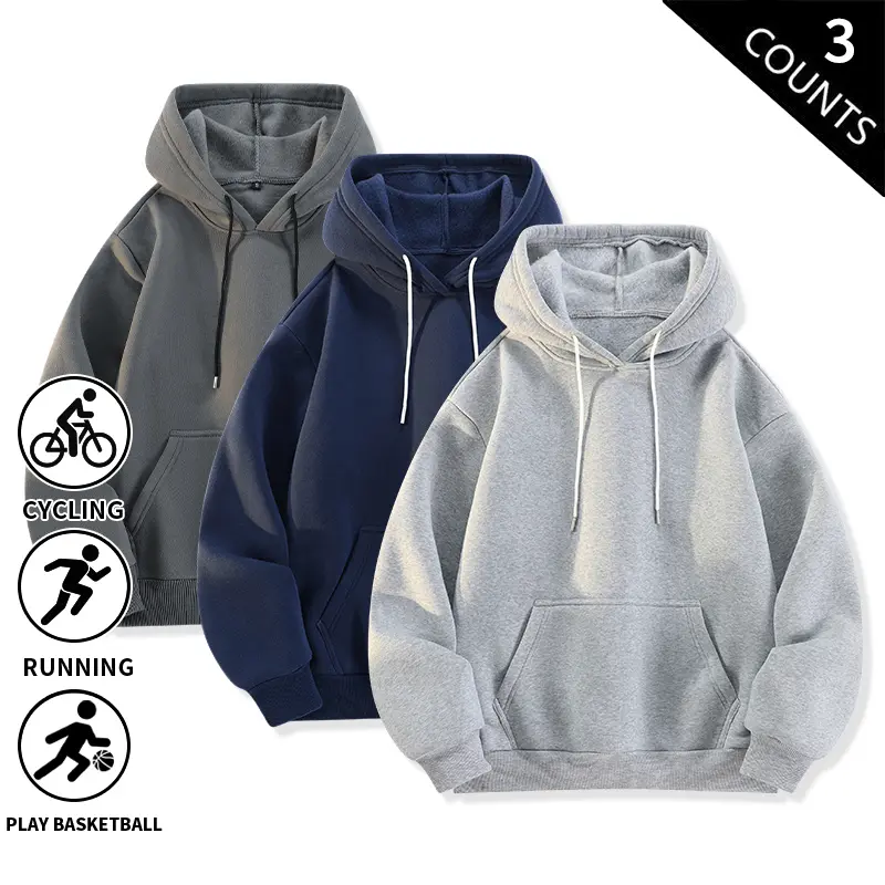 Men’s solid pullover hoodies, 3-pack — basic oversized hooded sweatshirts made of soft fleece, long sleeves, casual hoodies for cycling, running, basketball, and everyday streetwear