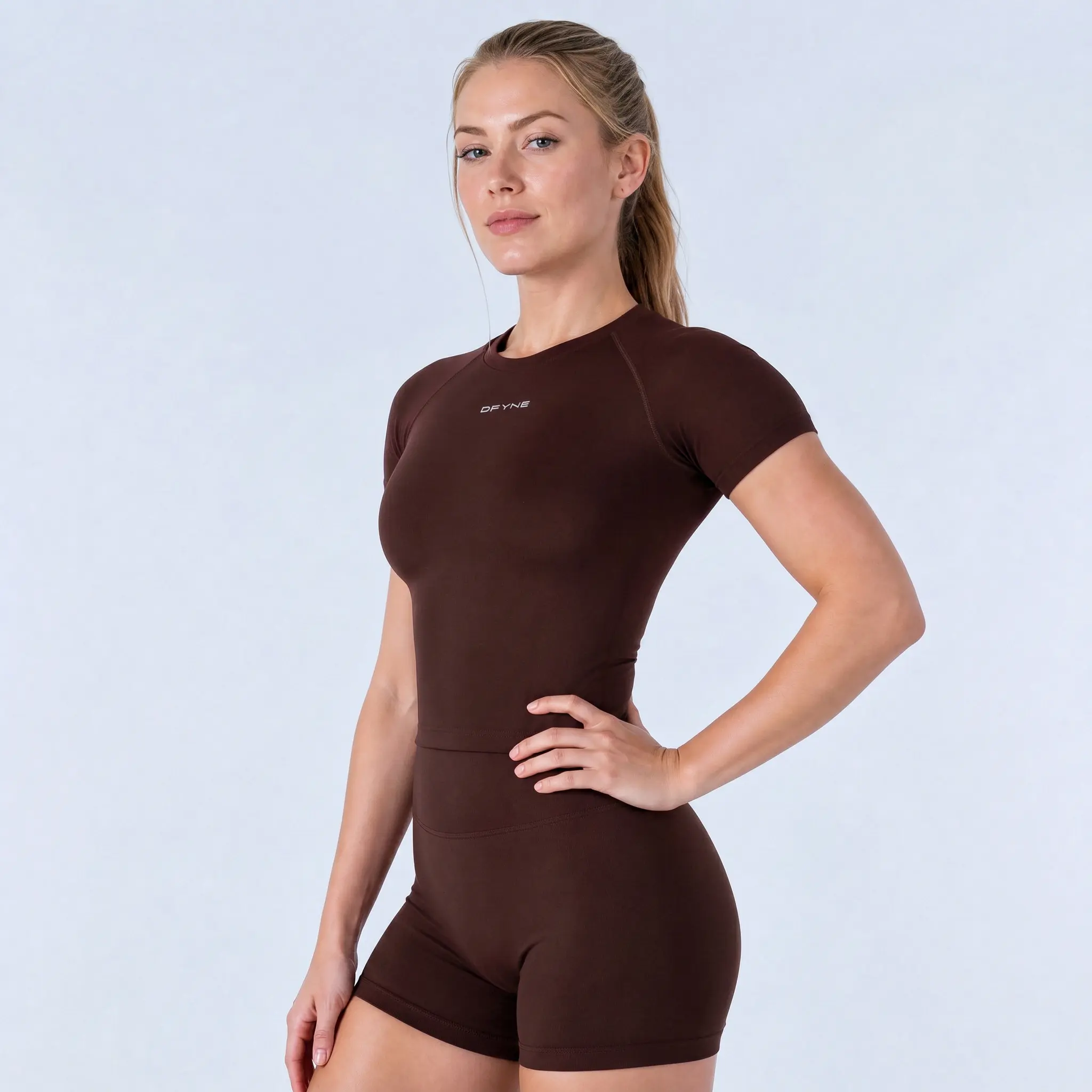 DFYNE Impact Women's 2-Piece Short Sleeve & Shorts Gym Outfit - Sculpting Contour, Breathable 4-Way Stretch, Longline Raglan Sleeves, Durable Shape-Retaining Compression Shirt, Moisture-Wicking Women's Clothes, 2-Piece Set, Outfits, Two Piece Set