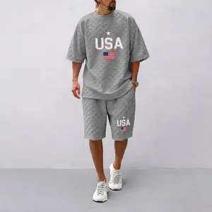 Men's 2-Piece Spring-Summer Casual Set - USA Letter Print, Flag Checkered Fabric, Drawstring Shorts, Short-Sleeved Shirt - Ideal for Everyday Wear, Sports Activities