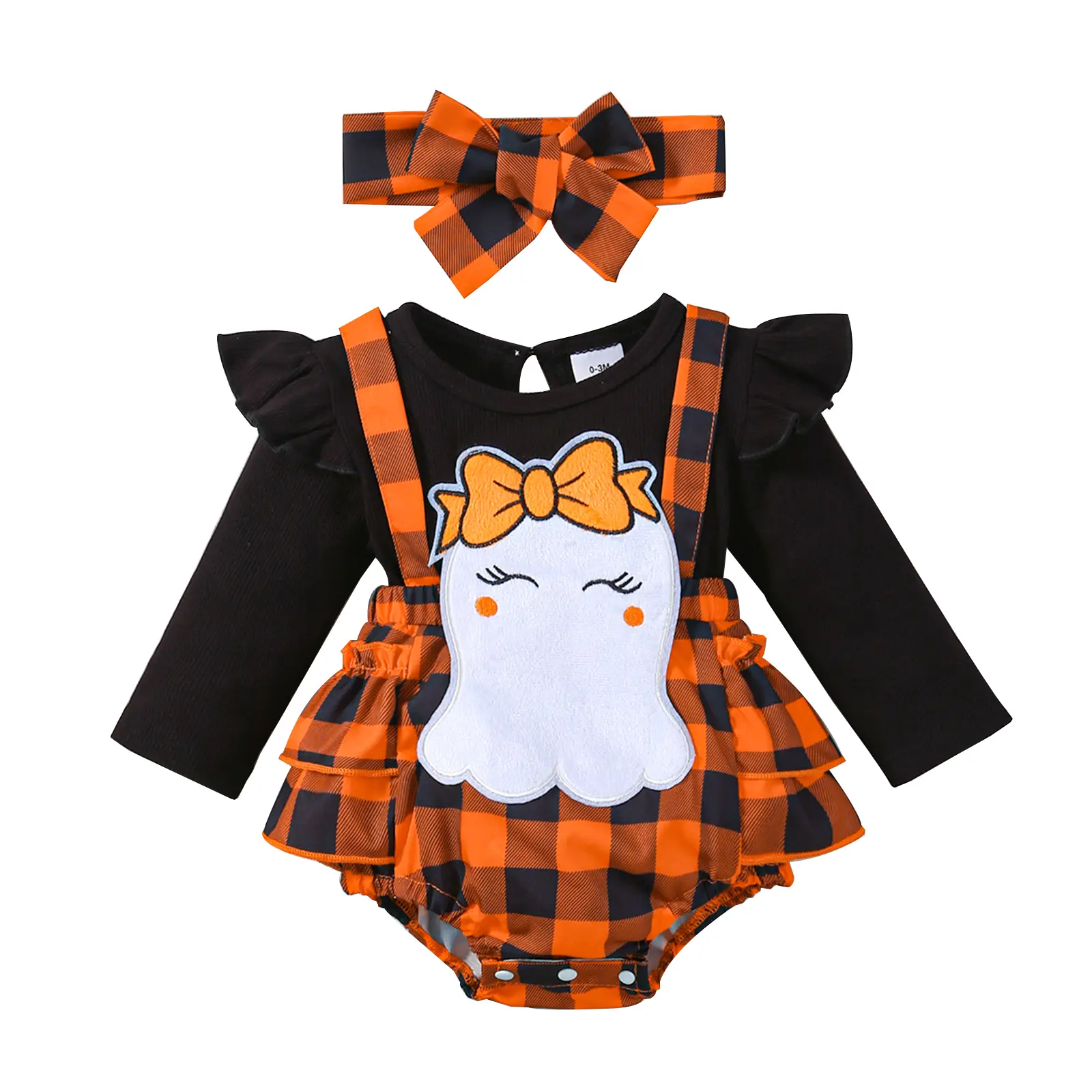 Newborn Infant Baby Girl Halloween Outfit, Ghost Patch Plaid Ruffle Long Sleeve Romper Dress Bow Headband 2 Piece Set