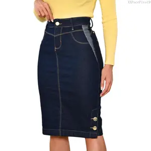 Straight Knee Length Stretch Denim Jean Skirt for Women Size 0-22 Regular and Plus Size Side Button DetailsXXPacePivot9