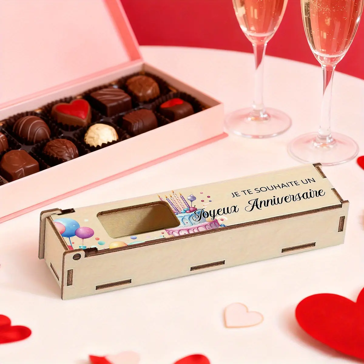 1PC/wooden chocolate gift box, with a French theme wishing you a happy birthday, suitable as a holiday/birthday gift for relatives/friends/lovers on Thanksgiving/Christmas/New Year/Valentine's Day/Father's Day/Mother's Day.