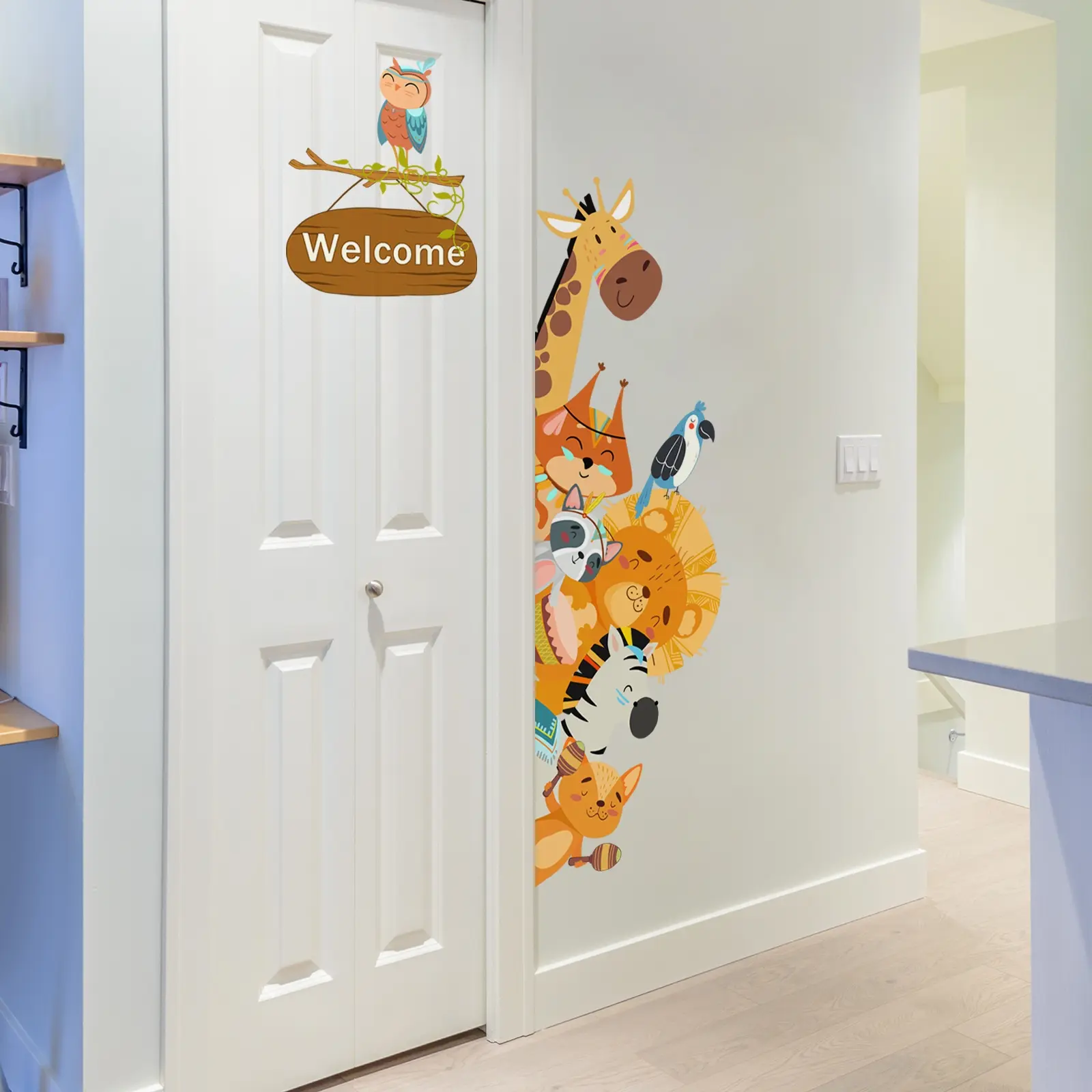 A set (30*90cm*2pcs) of giraffe and owl 2D flat wall stickers, home decoration self-adhesive wall stickers, Decorative wall sticker, Decoration Items, M13632-KN