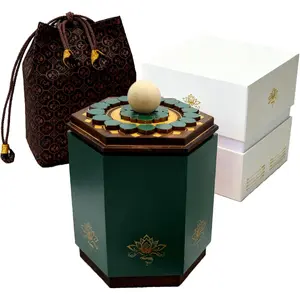 Wooden urn for pet Ashes Hexagonal Shape Pet Ashes Box Mortise and Tenon Craftsmanship Carved Lotus Pattern Song Brocade Material Velvet Fabric (Green) Handcrafted Small Wood Cremation Urn