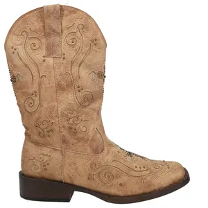 ROPER Womens Faith Rhinestone Square Toe  Casual Boots Mid Calf Low Heel 1-2" - Beige