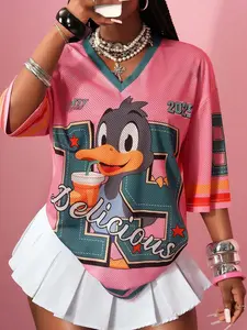 Y2K Retro Mesh Duck Smile Print Sporty Jersey, Women's Breathable V-Neck T-Shirt, Streetwear Festival Daily Fashion Top