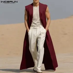 INCERUN Men's/Unisex Elegant Summer/Fall Wine Red Blazer Lapel Long Vest | Wide Silhouette Outerwear | Dinner Party, Trendy Street, Casual Christmas