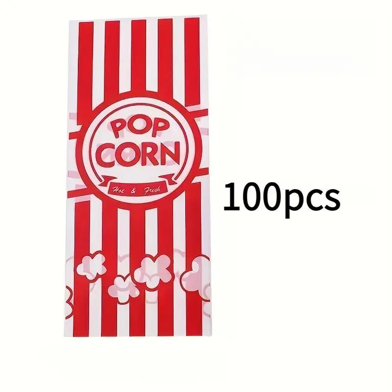 100 and Striped Popcorn Bags, Food Grade Safe, Suitable for Candy Cookies Bread Toast Snack, Ideal for Movie Nights Parties Bakeries Grocery Stores